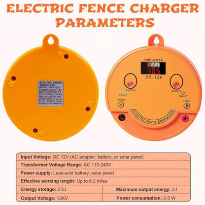 2.5J Electric Fence Charger, DC 12V / AC 110V-240V, 12kV Output Voltage, Covers up to 6.2 Miles (10 km). Supports Solar, Battery and AC Power Supply. Equipped with a Display Screen and Alarm Function.