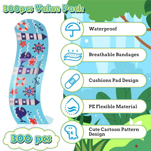 Sublaga 300Pcs Adhesive Bandages, 33 Styles Kids Cartoon Bandage Adhesive Flexible Colorful Bandages Cute Cartoon Bandages for Boys Waterproof Bandage for Kids Protect Scrapes
