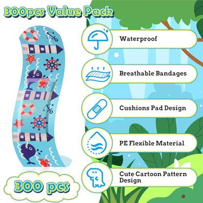 Sublaga 300Pcs Adhesive Bandages, 33 Styles Kids Cartoon Bandage Adhesive Flexible Colorful Bandages Cute Cartoon Bandages for Boys Waterproof Bandage for Kids Protect Scrapes