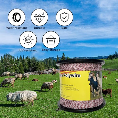 Upgraded Electric Fence Polywire,Fence Rope 6 Stainless Steel Strands for Reliable Conductivity and Rust Resistance UV Rust Resistant, 5050 Feet/1540 Meters,Red and White Color