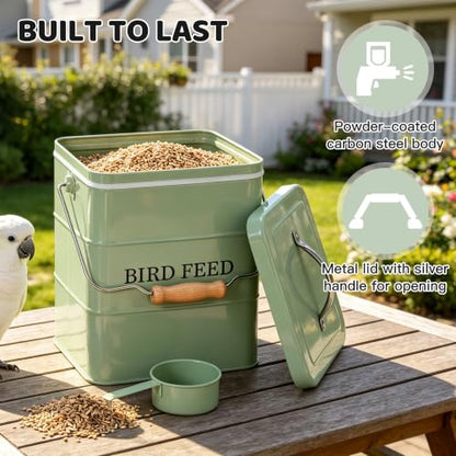 Bird Seed Storage Container, Airtight Metal Bird Food Canister Holds 5-6 LBS Wild Bird Feed, Bright Yellow Bird Feed Tin with Wooden Handle & Measuring Scoop, Dry Pet Snack & Grain Storage Bin - color: Green