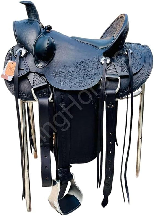 Western Horse Saddle Set Genuine Leather Hand Tooled Floral Cowboy Saddle Trail and Training Pleasure Riding Tack with Breast Collar Headstall Reins Stirrups and Cinch Rodeo Equestrian Gear - color: Black, size: 17 Inch