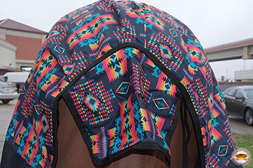 Black Aztec 66 in HILASON 1200D Winter Turnout Blanket | 600D polyester, 400-gram poly fill, waterproof rip-stop, belly wrap, shoulder gussets, fleece withers, double-buckle closure - color: Black Aztec, size: 66 In