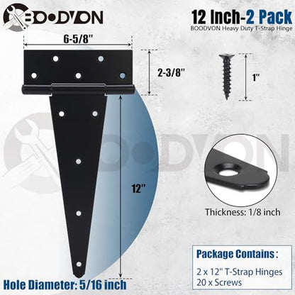 12 Inch T-Strap Gate Hinges, Shed Barn Door Hinges Heavy Duty, Black Tee Hinges for Wooden Fences, Yard Gate, Wrought Hardware Iron Rustproof (2Pack/Set) - size: 12 Inch