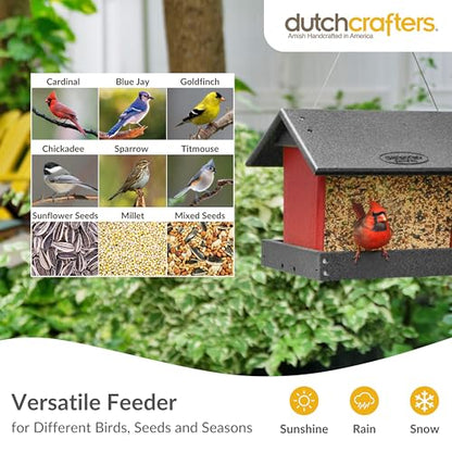 Poly Hanging Hopper Bird Feeder, Large Bird Feeder for Outside, Outdoors - Amish American Made (Hanging, Black & Red) - color: Black & Red, style: Hanging