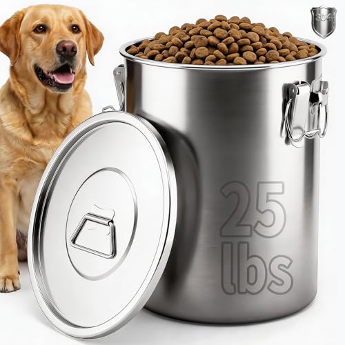 304 Stainless Steel Dog Food Storage Container, 25LB/30LB Airtight Pet Food Container with Locking Lid & Silicone Seal, Large Metal Food Storage Bin for Dry Dog/Cat Food, Rice, Flour (25 LBS) - size: 25 LBS