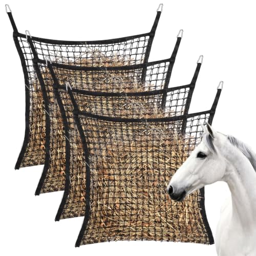 4 Pcs Hay Nets for Horses, Large Capacity Slow Feed Hay Bags for Horses, Goats, Sheep, Donkey, Easy to Fill and Hang, 35 x 31 Inch, Black