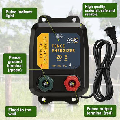 PE5 Electric Fence Charger for Livestock Containing Pets and Animal Control-5 Miles/ 20 Acres AC Powered 120 Volt (with Aluminum Wire) 0.20 Joule - size: PE5 with wire