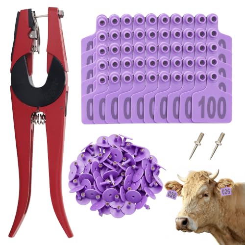100 PCS Cattle Ear Tags Numbered 001-100 with Pliers for Goats Sheep Pigs - color: Purple