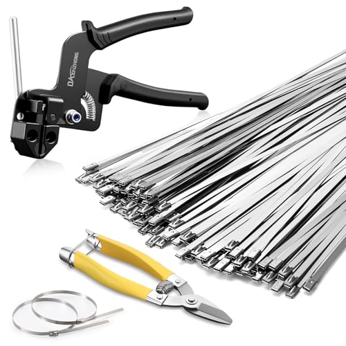 Heavy Duty 304 Stainless Steel Cable Tie Gun Kit - 100PCS 11.8" Metal Zip Ties (200LBS) + Industrial Scissors, UV Resistant Tool - Fence Ties, Exhaust Pipe, Chicken Coop, Industrial Use