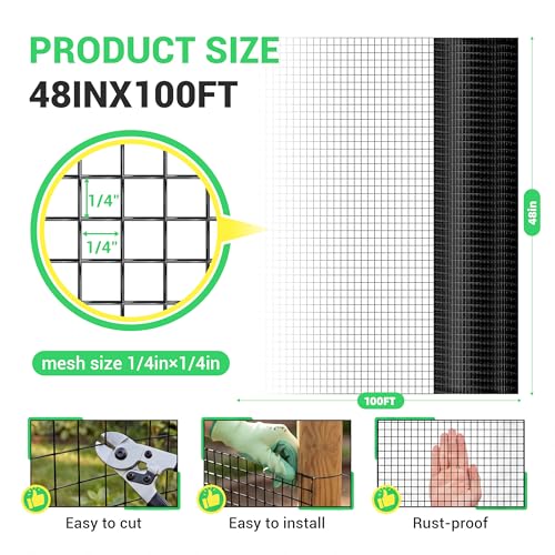Land Guard 48 inch×100 ft Black Vinyl Coated Hardware Cloth, 23 Gauge 1/4 inch Black PVC Hardware Cloth, Black Welded Wire Fence Supports Poultry Netting Cage Fence - color: Black, size: 1/4inch 48inch×100ft