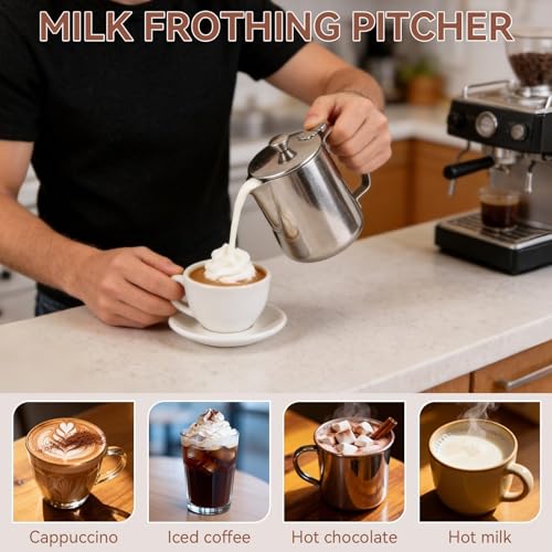 Stainless Steel Pitcher with Lid, 600ml Stainless Steel Milk Frothing Pitcher Coffee Latte Frothing Art Jug Pitcher Mug Cup for Latte Coffee Art for Office Kitchen - size: 600ML