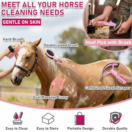 Cunhill 9 Pcs Horse Grooming Kit Tack Room Supplies, Classic, Pink - color: Pink, style: Classic