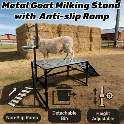 Heavy-Duty Non-Slip Ramp Goat Milking Stand, Height Adjustable Range 18.8–28.8"，600LBS Metal Livestock Trimming Stand with Feed Bin，Goat Stand Ramp Use for Goats ，Lambs & Sheep Trimming Grooming Stand