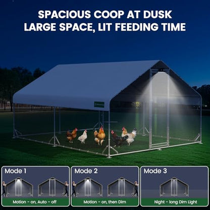 CHIKENCOOP 2-Room Metal Chicken Coop Run, Hardware Cloth, Solar Light - size: 156.0"L x 118.0"W x 78.0"H
