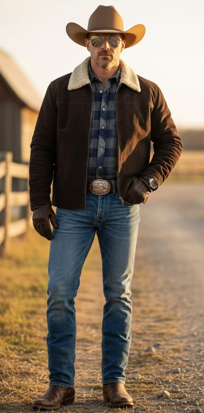 Men's Rick Western Brown Suede Leather Jacket with Sherpa Shearling Collar | Full Zip Front, Snap Cuffs, Polyester Lined, Zip Waist Pockets, Genuine Suede Leather, Cowboy Trucker Design - color: Brown, size: XX-Small