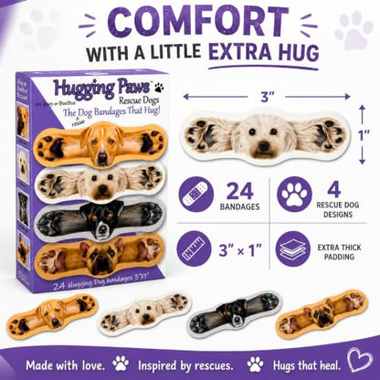 Hugging Paws Bandages from Hug-a-BooBoo, Adorable Dog Bandages that Hug! Fun Novelty Wound Wraps Feature Paintings of Actual Rescue Dogs! Great Dog Lover Gift! French Bulldog, Poodle, Lab, Mix 24 Ct - size: 24ct, style: Dogs