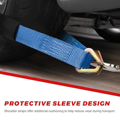 2" × 29" Premium Axle Tie Down Strap with D Rings, Heavy Duty Auto Axle Tow Strap with Protective Sleeve, 6614 Lbs Tire Wheel Tie-Down Straps for Securing Vehicle Transport (Blue) - color: Blue