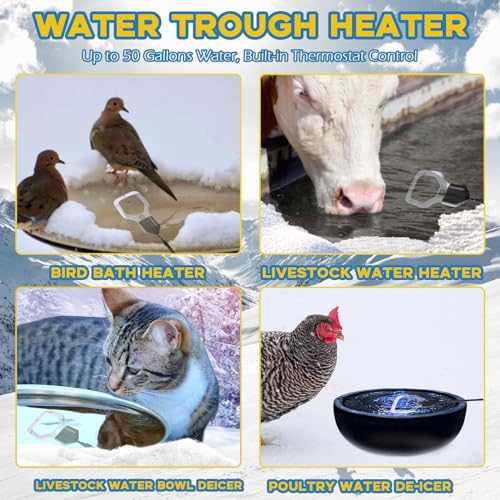 Varesee 500W Chicken Water Deicer, 50Gal for Plastic Waterer, Liverstock Water Heater, Cast Aluminum Submersible De-icer, Bird Bath Deicer with Built-in Thermostat Control