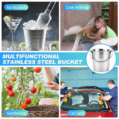 Hicarer 10 Pcs Dog Stainless Steel Bucket Heavy Duty Water Bucket for Dogs Metal Bucket with Handle Small Metal Pail for Pet Cat Puppy Food and Water Storage Milking Goats Small Animals (6.3 Quart)