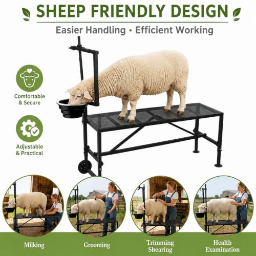 Goat Milking Stand with Wheels and Feed Bin Heavy Duty Steel Black - color: Black, size: With Wheels-47*23Inch