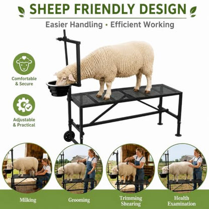 Goat Milking Stand with Wheels and Feed Bin Heavy Duty Steel Black - color: Black, size: With Wheels-47*23Inch