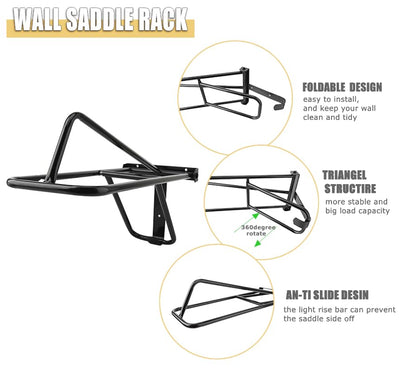 2Pcs Saddle Rack,Wall Mounted Folding Saddle Rack Stand Heavy Duty Western & English Saddle Rack for Horse Tack Room,Stable,Barn, Black