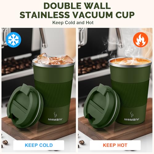 MOMSIV 12oz Travel Coffee Mug, Insulated Coffee Cup with Leak Proof Lid - color: B-Dark Green-12oz