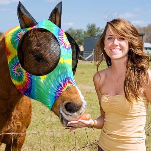 Weewooday 2 Pieces Horse Fly Masks for Horses Soft Fly Masks for Ears Smooth and Elasticity Mask with UV Protection(Tie-dye Pattern,M) - size: M