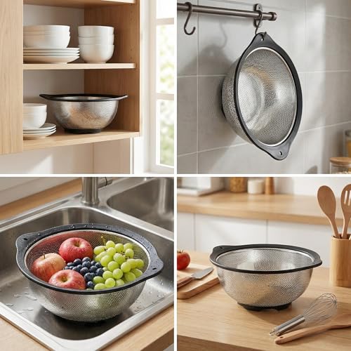 304 Stainless Steel Colander 3-Quart, Heavy Duty Metal Strainer with Riveted Handles, Micro-Perforated Food Strainer for Draining Pasta, Orzo, Rice, Berry, Stable Ring Base, Rust Free - size: 3QT-Black edge