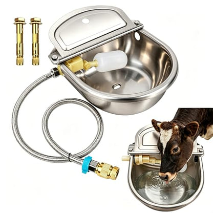 304 Stainless Steel Automatic Livestock Water Bowl, 9.84x9.84x3.94in Large Capacity Water Trough for Cows Horses Goats, Auto Float Waterer with Liftable Cover & Complete Installation Kit