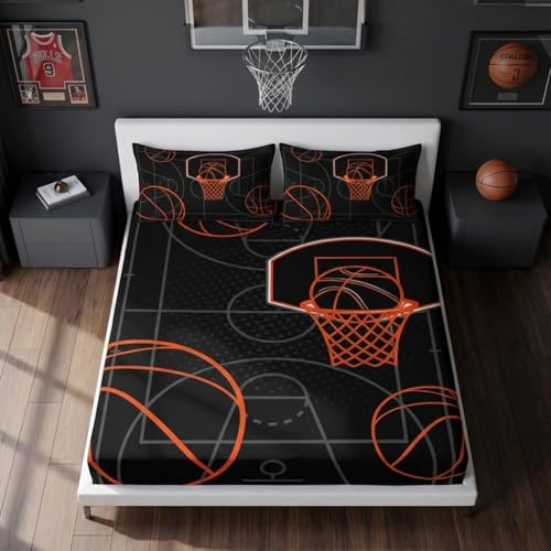 Basketball Court Queen Bedding Set,1 Fitted Sheet+2 Pillowcases. - color: Black-orange, size: Queen