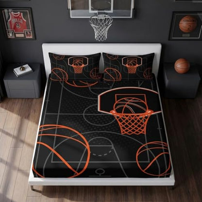 Basketball Court Twin Bedding Set,1 Fitted Sheet+2 Pillowcases. - color: Black-orange, size: Twin