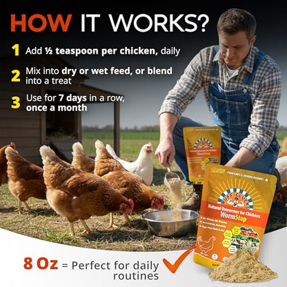 Buff Clucks WormStop Natural Chicken Dewormer Powder – All-Natural Herbal Blend for Daily Wellness - Chicken Wormer is Safe for Eggs & All Ages - Garlic, Pumpkin Seed, Wormwood - USA (8 oz)