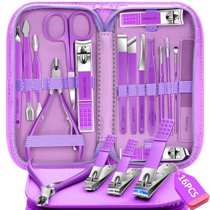 Manicure Set 16Pcs Professional Stainless Steel Pedicure Kit Mens Grooming Kit Fingernail & Toenail Clippers Set Manicure Kit with Luxurious Travel Bag, Sharp Nail Scissors and Clipper (Purple) - color: 16Pcs-Purple