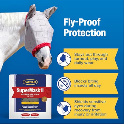 Farnam SuperMask II Horse Fly Mask with Ears, Extended Coverage Equine Fly Protection, Protects Eyes from Insects, Debris & UV, Adjustable Throat Latch, Plush Fleece Trim, Average Size (Pack of 2) - size: Standard Horse (Pack of 2)