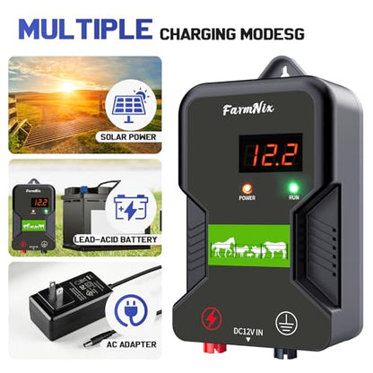 12KV Electric Fence Charger with LED Indicator, 2 Joules Pulse Energy, 10 Miles Range, Prevents Wild Animals Intrusion for Livestock Poultry, Farm Animals, Pets, Ranches, Gardens - color: Grey