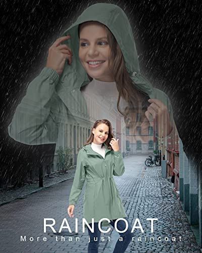 33,000ft Women's Waterproof Long Rain Coats Packable Rain Jacket with Hood - color: Green, size: Medium