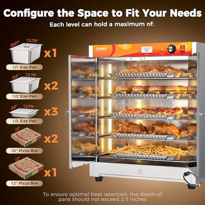 CAMMOO 133Qt 5-Tier 900W Electric Food Warmer with LED Light and 304 Blued Stainless Steel Heating Element, Commercial-Graded All Stainless Steel, Adjustable Shelf, Countertop Heated Holding Cabinet
