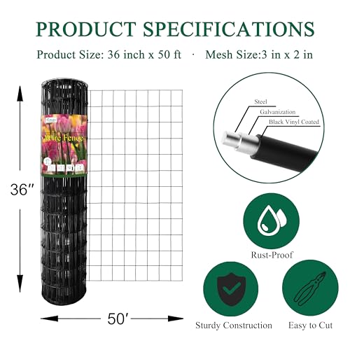 Black PVC Coated Welded Wire Fence 36" x 50' Roll, 2"x3" Mesh, 16 Gauge - color: Black, size: 2''x3'' 16GA 36''x50'