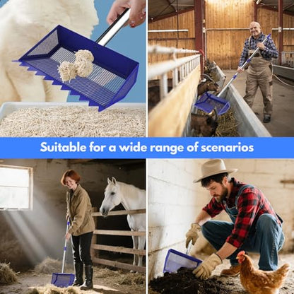 Chicken Poop Scooper Rake 2-in-1,304 Stainless Steel Shovel Head, Chicken Litter Scoop with Handle for Chicken Coop for Sand, Pet Waste Cleaning, Litter Sifting Shovel (35 to 65") (Blue, 10inch) - color: Blue