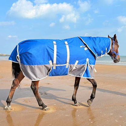 1200D Turnout Horse Blanket with Hood, Medium Weight, Blue/Grey,72 in - color: Blue/Gray with Band, size: 72 IN