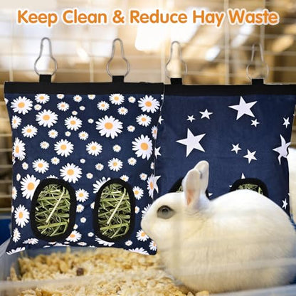 Upgraded Rabbits Hay Feeder Bag for Bunny, Guinea Pigs, Chinchillas - Hanging Washable 2-Hole Hay Dispenser with 600D Oxford Fabric, Small Animal Cage Accessories （Blue Star and Blue Daisy） - color: Blue Star and Blue Daisy