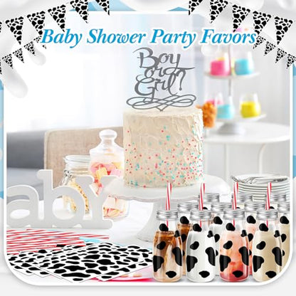 SiliFine 24 Set 7 oz Mini Milk Bottles with Straws Lids, Cow Print Stickers