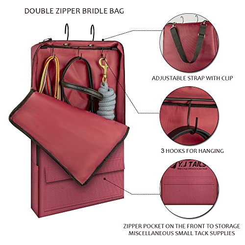 Horse Bridle Bag, Horse Tack Carry Bag with 3 Prong Tack Rack for Halters, Bridle, Harness, Equestrian Reins, Bits and Headstalls (Wine Red)