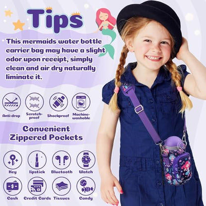 Water Bottle Carrier Bag with Strap for Kids - Water Bottle Bag Holder with Padded Strap Pocket 10/12/14/16/18Oz for Boys Girls School Walking Hiking Camping - style: Mermaids
