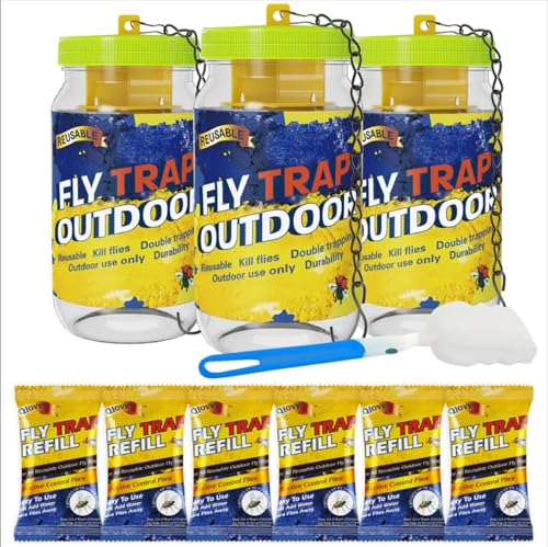 3 Reusable Fly Traps Outdoor Bottles, Fly Killer Catcher Jar with 6 Bait | Flies Bug Insect Trap Control Outdoor Hanging for Outside Barns, Stable, Farm, Patio, with Natural Bait Refills Lure - size: 3 pack