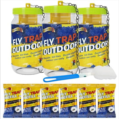 3 Reusable Fly Traps Outdoor Bottles, Fly Killer Catcher Jar with 6 Bait | Flies Bug Insect Trap Control Outdoor Hanging for Outside Barns, Stable, Farm, Patio, with Natural Bait Refills Lure - size: 3 pack