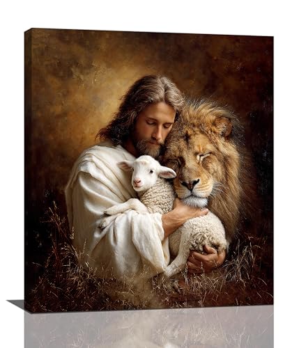 Jesus Lion Lamb Wall Art Christian Jesus Wall Decor Lion of Judah Pictures Religious God Canvas Painting Print Christ Artwork Decoration for Living Room Bedroom Church Framed Gifts 20”X24” - color: Jesus Lion and Lamb, size: 24"L x 20"W