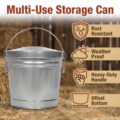 6 Gallon Galvanized Steel Locking Lid Storage Can, Heavy-Duty Metal Storage Bucket with Wire Bail Handle, Galvanized Steel Trash Can for Bird Seed, Pet Food, Charcoal, Yard Waste
